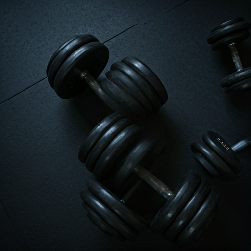 Top view of new premium dumbbells and olympic plates in a clean, modern gym setting