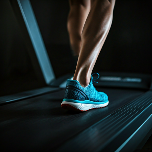 Close up of runner athletic shoes on treadmill with glowing blue ground effects