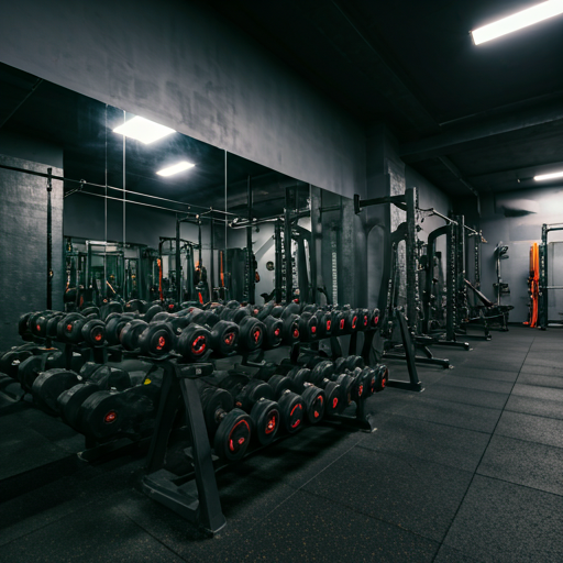 Athlete lifting in a dim industrial gym with blue rim lighting
