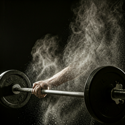 Close-up muscular arm gripping barbell with chalk