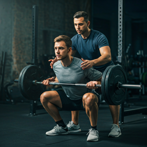 Focused personal trainer guiding an athlete during a heavy barbell squat