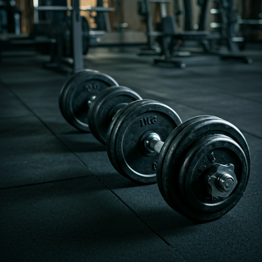 Close-up of heavy dumbbells on a dark gym floor with industrial moody lighting